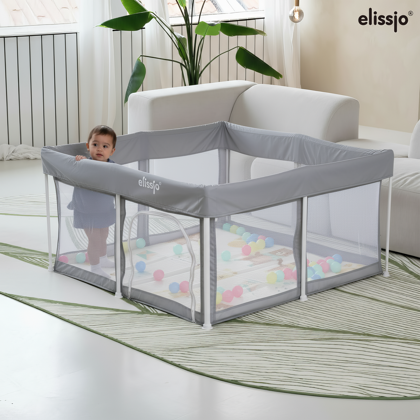 Elissio® Laufstall Klappbar 125×125 cm Grau