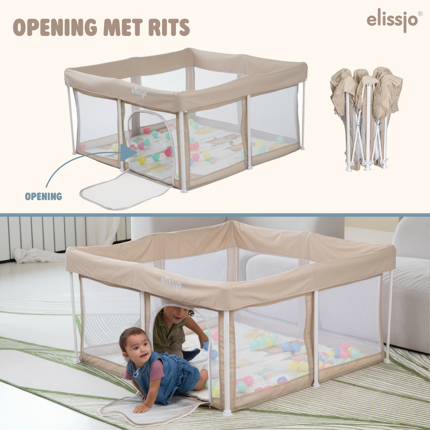 Elissio® Foldable Playpen 125×125 cm Beige