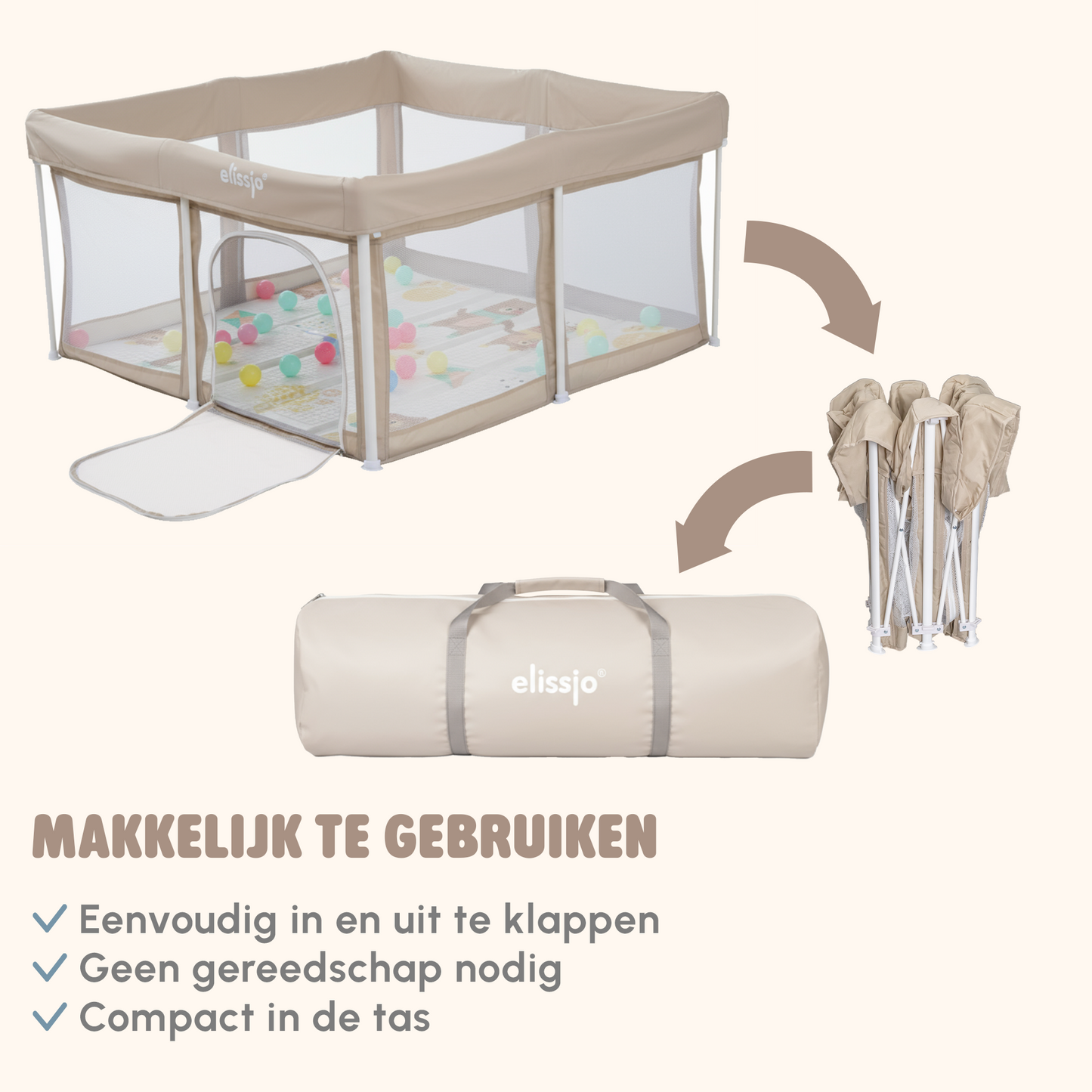 Elissio® Foldable Playpen 125×125 cm Beige