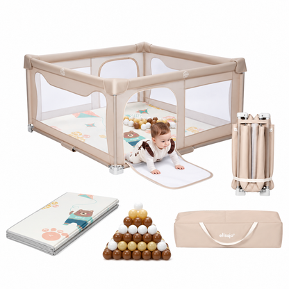 Elissio® Parc pour bébé pliable 150x150 - Beige, édition avec balles de jeu