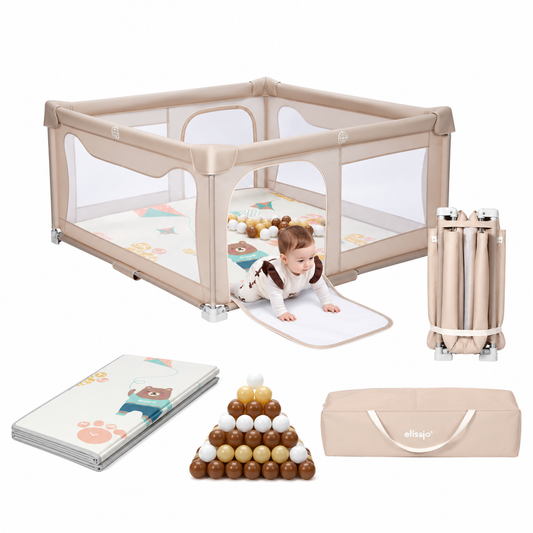 Elissio® Parc pour bébé pliable 150x150 - Beige, édition avec balles de jeu