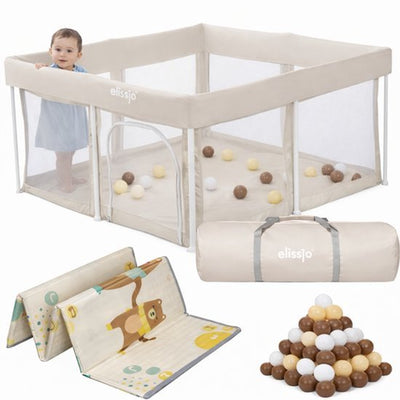 Elissio® Laufstall Klappbar 125×125 cm Beige Spielball-Edition