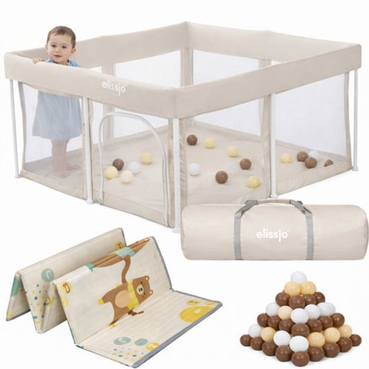 Elissio® Laufstall Klappbar 125×125 cm Beige Spielball-Edition