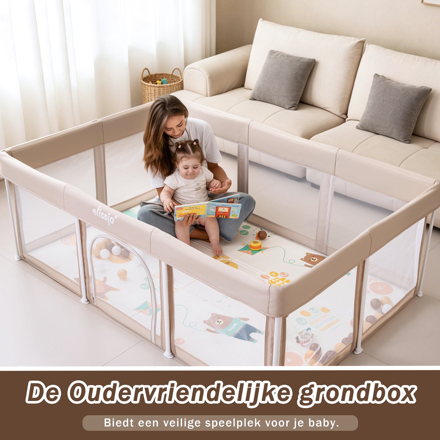 Elissio® Foldable Playpen 125×125 cm Beige Ball Edition
