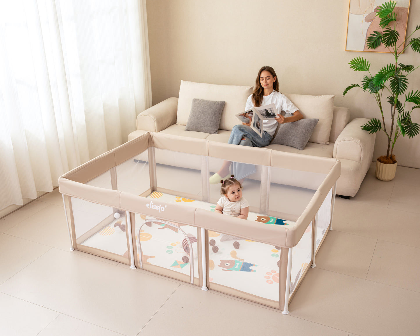 Elissio® Foldable Playpen 125×125 cm Beige Ball Edition