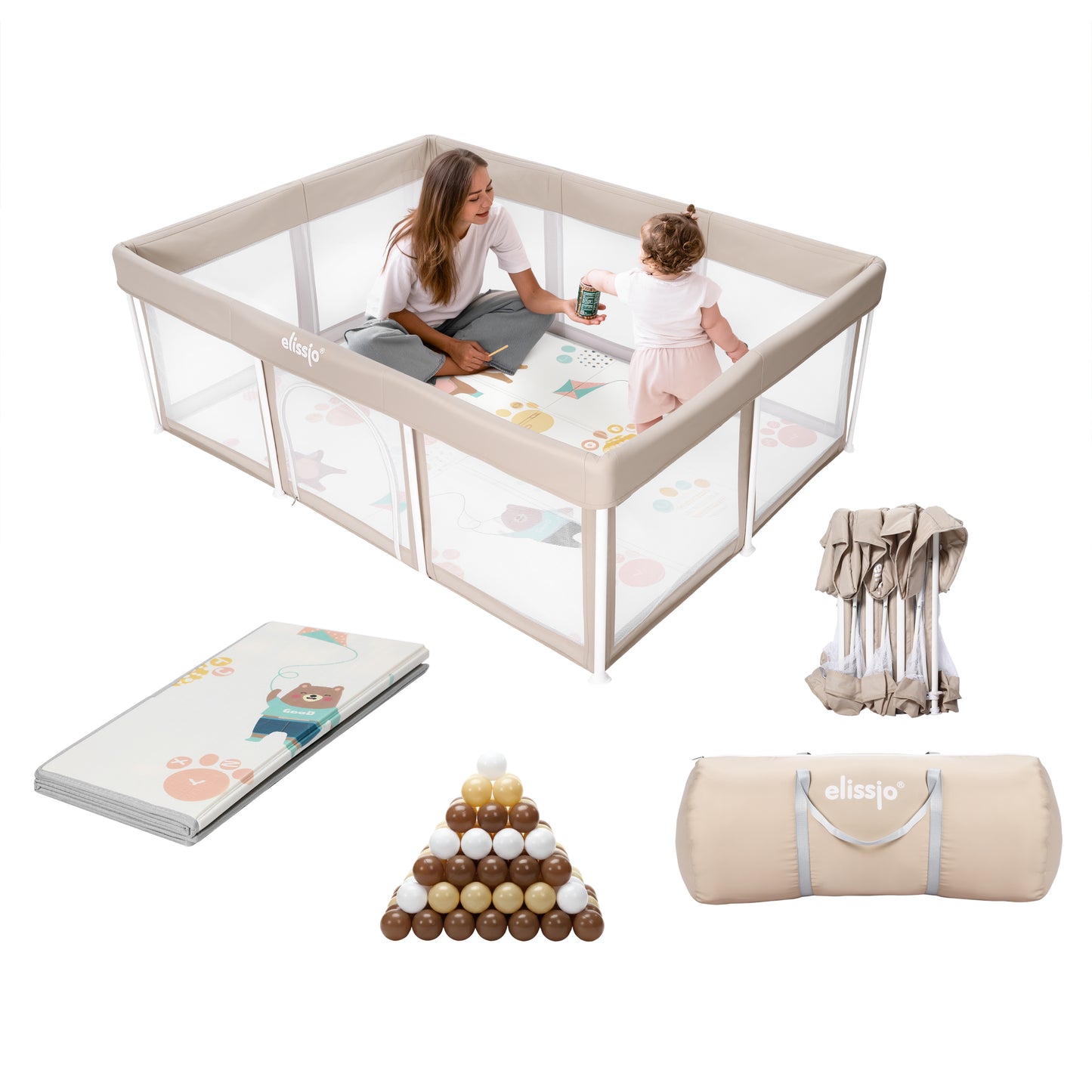 Elissio® Foldable Playpen 125×125 cm Beige Ball Edition