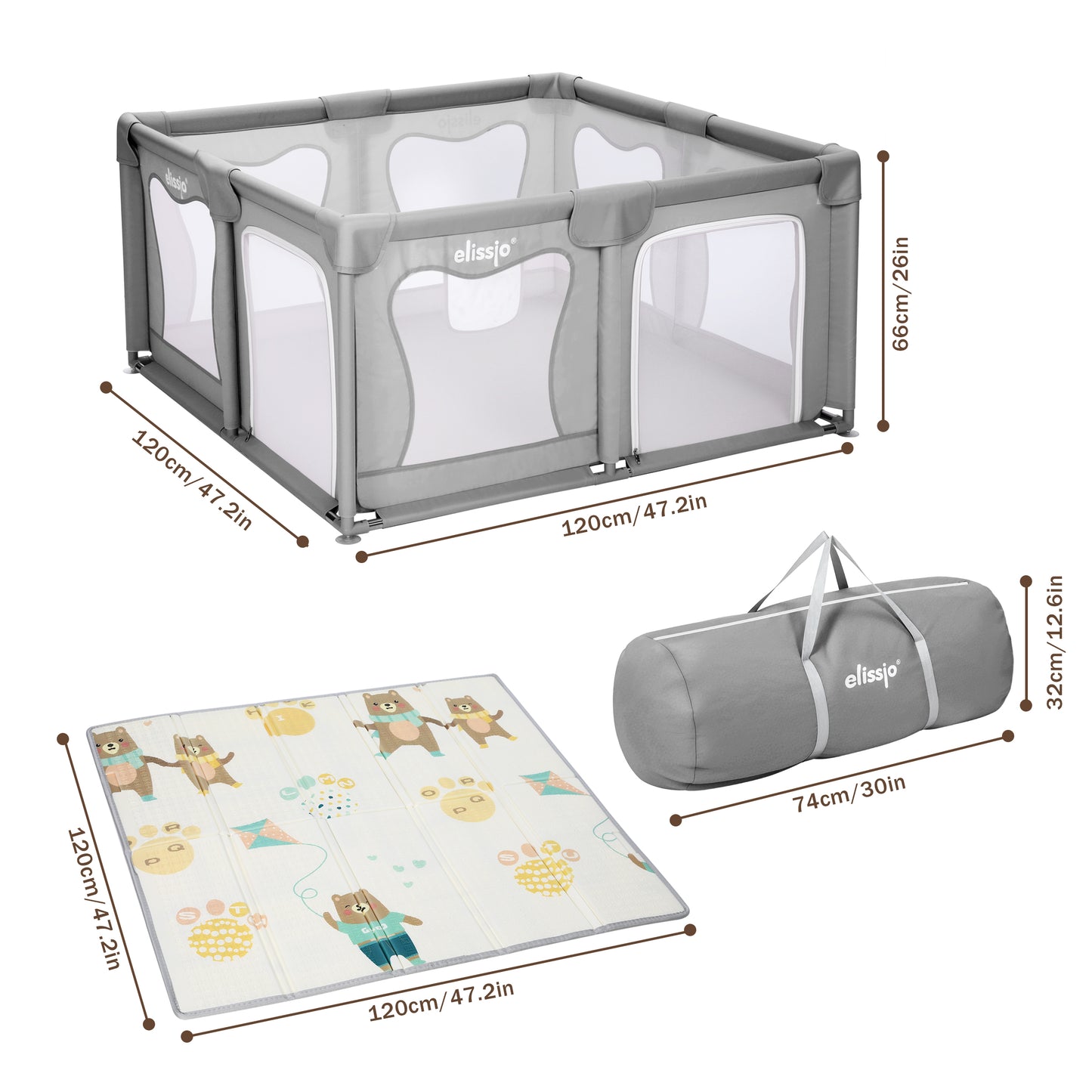 Elissio® Laufstall 120×120 cm Grau