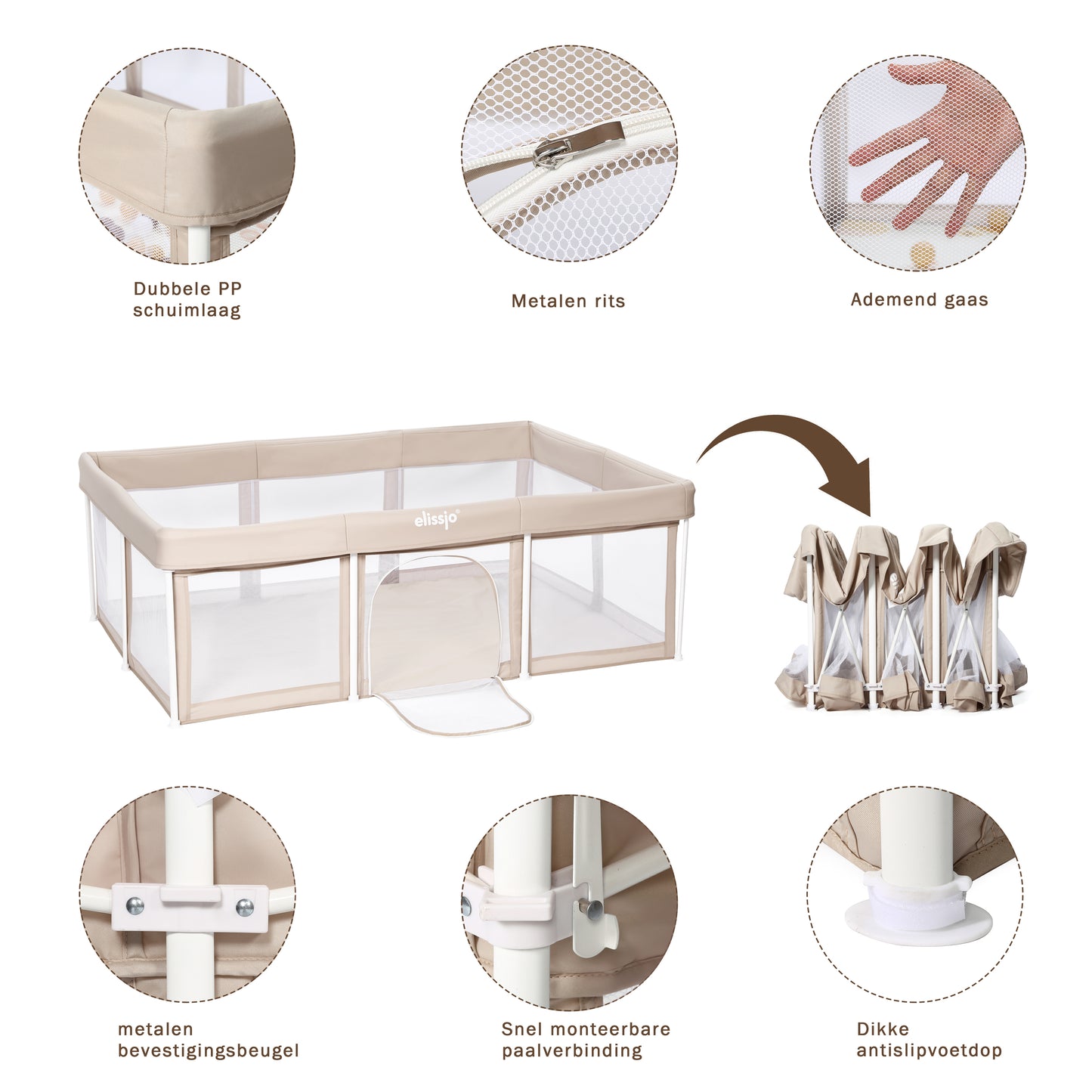 Elissio® Foldable Playpen 125×125 cm Beige Ball Edition