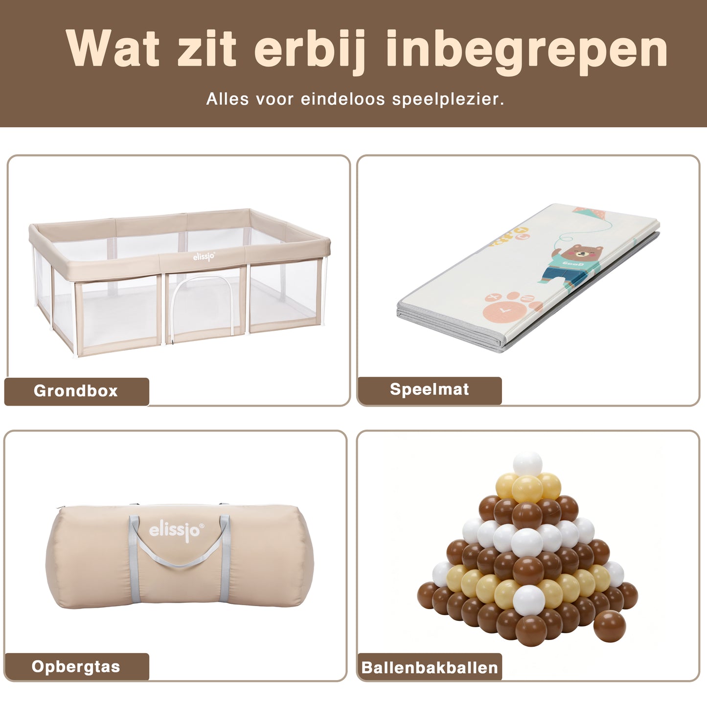 Elissio® Foldable Playpen 125×125 cm Beige Ball Edition