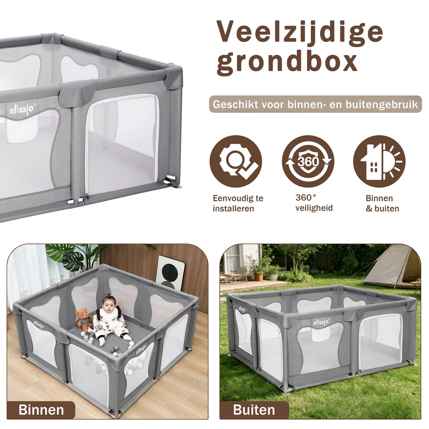 Elissio® Laufstall 120×120 cm Grau