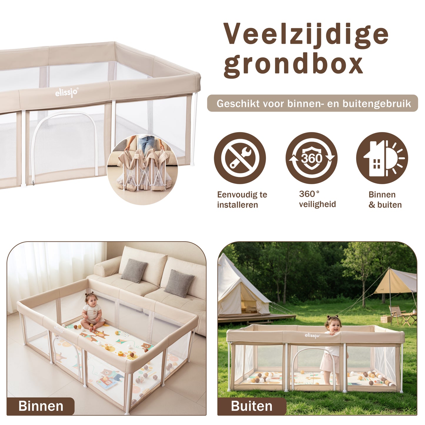 Elissio® Foldable Playpen 125×125 cm Beige Ball Edition