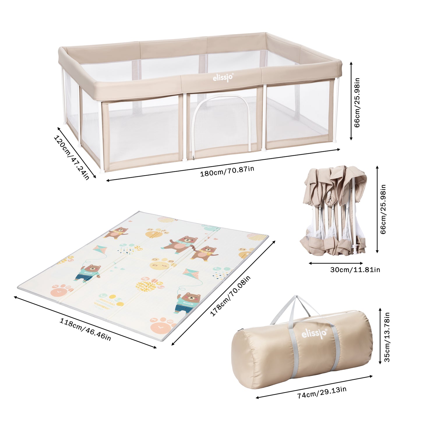 Elissio® Foldable Playpen 125×125 cm Beige Ball Edition