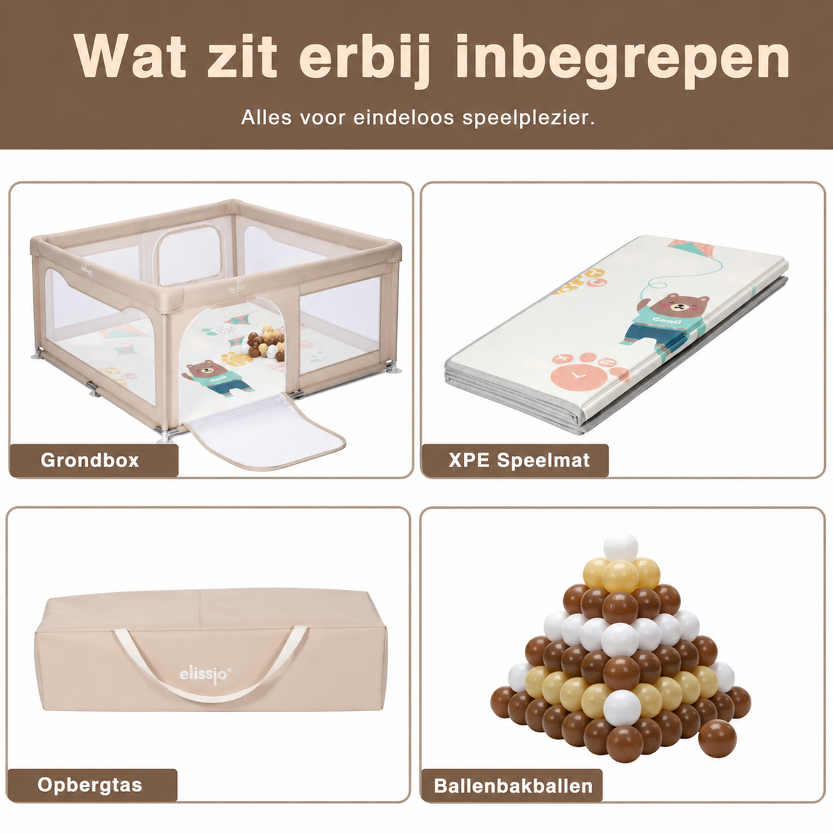 Elissio® Parc pour bébé pliable 150x150 - Beige, édition avec balles de jeu