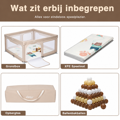 Elissio® Parc pour bébé pliable 150x150 - Beige, édition avec balles de jeu